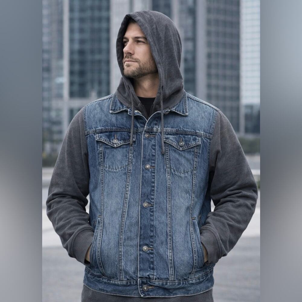 Aeropostale Blue Denim Body Jacket with Gray Hoodie Sleeves